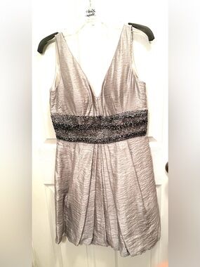 Metallic Silver V-Neck Mini Dress Sequin Waist sz 12 NWT also scarf Love Carmen
